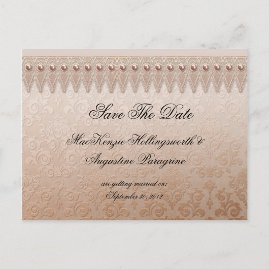 Peach Lace und Damask Save the Date Ankündigungspostkarte (Vorderseite)