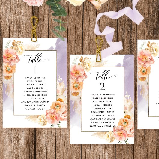 Peach, Lavender Sitzplan Cards mit Gästennamen