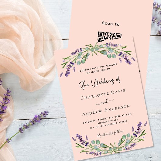 Peach Lavender Violett QR-Code UAWG Luxus Hochzeit Einladung