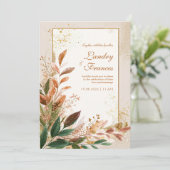 Peach Leaf Gold Stardust Wedding Einladung (Stehend Vorderseite)