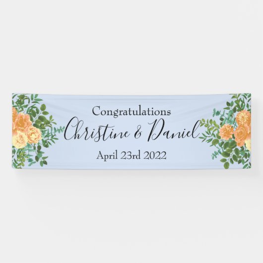 Peach & Light Blue Peony & Rose Blumenhochzeit Banner (Horizontal)