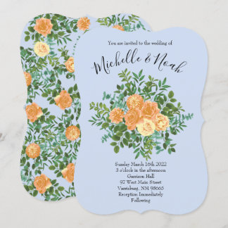 Peach & Light Blue Peony & Rose Blumenhochzeit Einladung