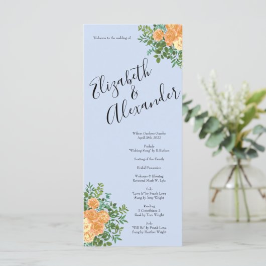 Peach Light Blue Peony Rose Floral Wedding Program Menükarte (Stehend Vorderseite)