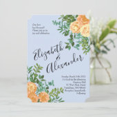 Peach Light Blue Wedding Rose Blues Einladung (Stehend Vorderseite)