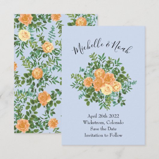 Peach Light Blue Wedding Rose Blues Einladung (Vorne/Hinten)