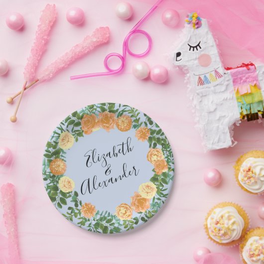 Peach Light Blue Wedding Rose Blues Pappteller (Party)