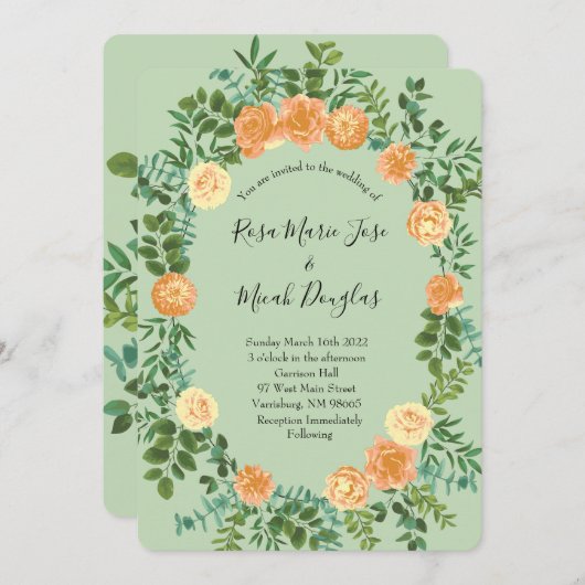 Peach & Light Green Peony & Rose Blumenhochzeit Einladung (Vorne/Hinten)