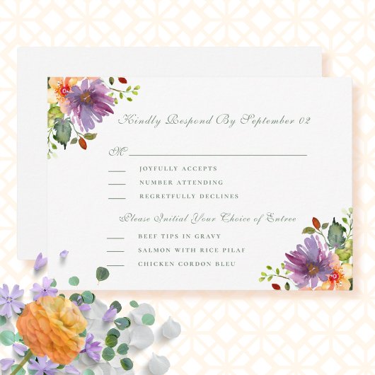 Peach Lila Floral Menu Selection Wedding RSVP