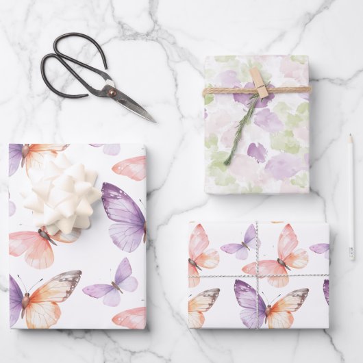 Peach Lila Lavender Butterfells Geburtstag Geschenkpapier Set (Vorderseite)
