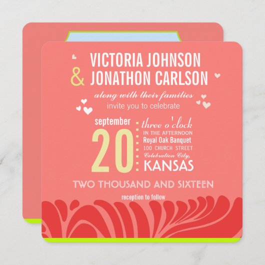 Peach, Limon und Berry Art Déco Einladung zur Hoch (Vorne/Hinten)