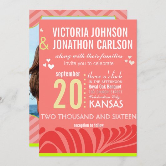 Peach, Limon und Berry Art Déco Einladung zur Hoch (Vorne/Hinten)