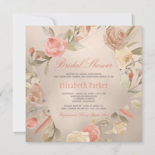 Peach Luxus Imitats Gold Foil Blumen Brautparty Einladung (Vorderseite)