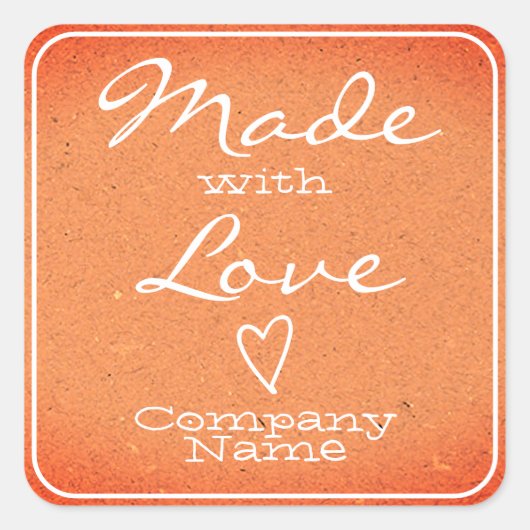 Peach Made with Liebe Labels Kraft Paper Heart Quadratischer Aufkleber (Vorderseite)