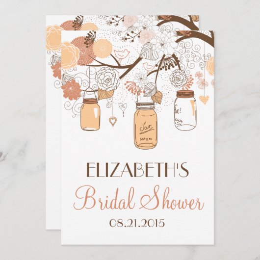 Peach Mason Jars Bridal Dusche Einladung (Vorne/Hinten)