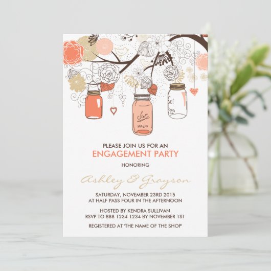 Peach Mason Jars Engagement Party Einladung (Stehend Vorderseite)