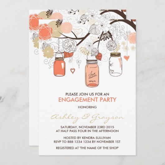 Peach Mason Jars Engagement Party Einladung (Vorne/Hinten)