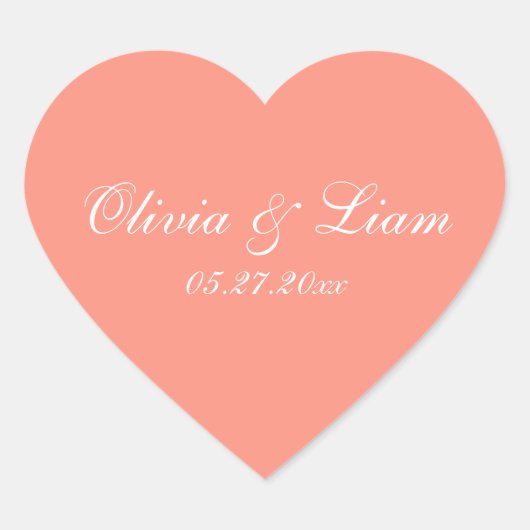 Peach Melon Name Date Elegante Hochzeit Herz-Aufkleber (Vorderseite)