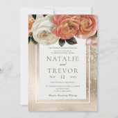 Peach Mimosa Blooms Gold Floral Wedding Einladung (Vorderseite)