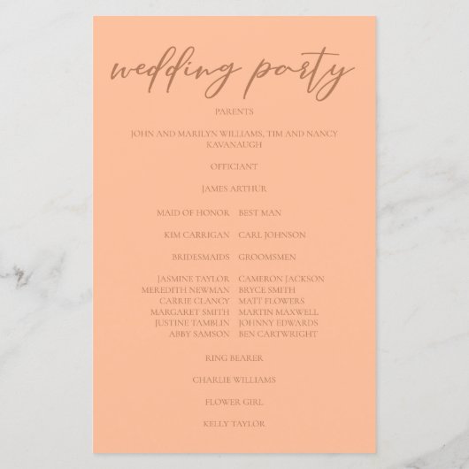 Peach Minimalistisch Script Summer Wedding Program (Rückseite)