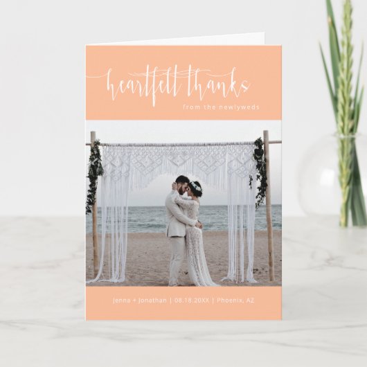 Peach Minimalistisch Script Wedding Foto geklappt Dankeskarte (Vorderseite)