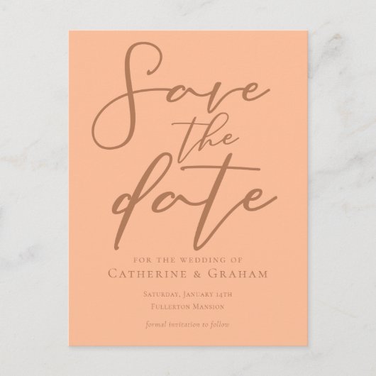 Peach Minimalistisch Typografy Summer Save the Dat Postkarte (Vorderseite)