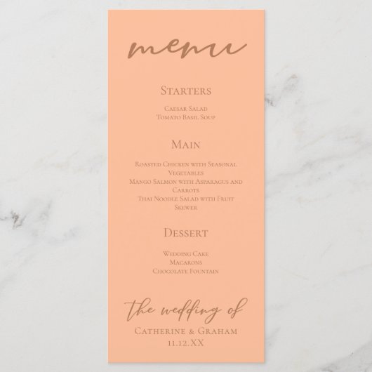 Peach Minimalistisch Typografy Summer Wedding Menükarte (Vorderseite)