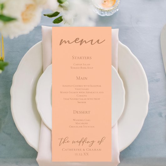 Peach Minimalistisch Typografy Summer Wedding Menükarte