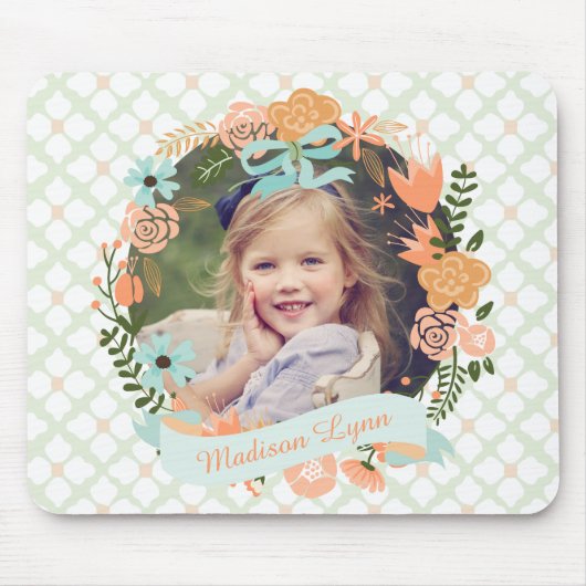 Peach Mint Girly Floral Wreath Foto Custom Mousepad (Vorne)