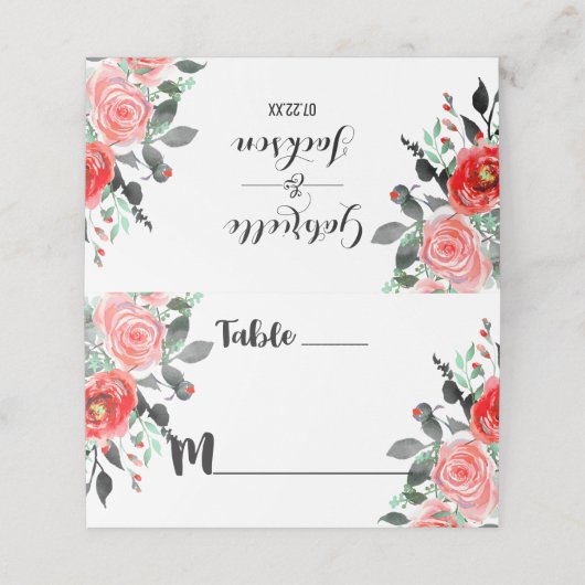 Peach & Mint Peony Tischnummer Platzkarte (Außenseite Aufgefaltet)