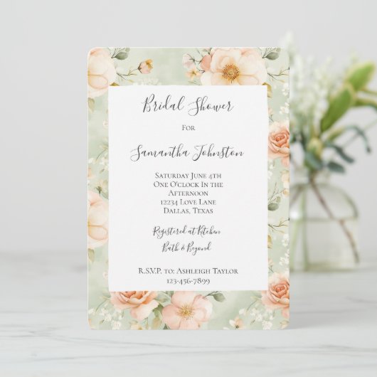 Peach Mint Pretty Rose Floral Bridal Shower Einladung (Stehend Vorderseite)