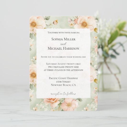 Peach Mint Pretty Rose Floral Wedding Einladung (Stehend Vorderseite)