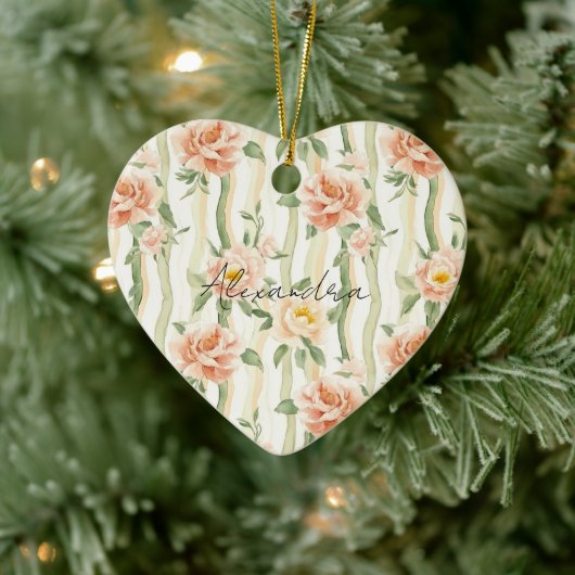 Peach Mint Pretty Roses Floral Stripes Keramik Ornament (Baum)