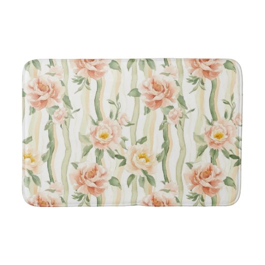 Peach Mint Roses Floral Stripes Badematte (Vorderseite)