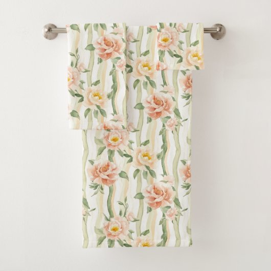 Peach Mint Roses Floral Stripes Badhandtuch Set (Insitu)