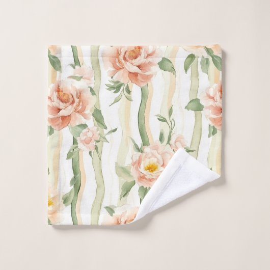 Peach Mint Roses Floral Stripes   Badhandtuch Set (Waschlappen)