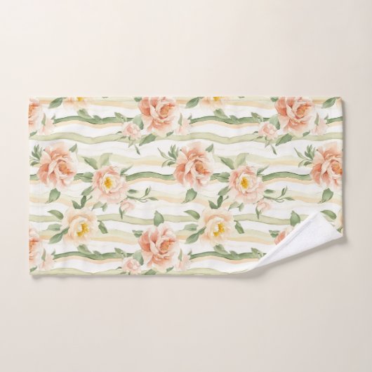 Peach Mint Roses Floral Stripes   Badhandtuch Set (Handtuch)
