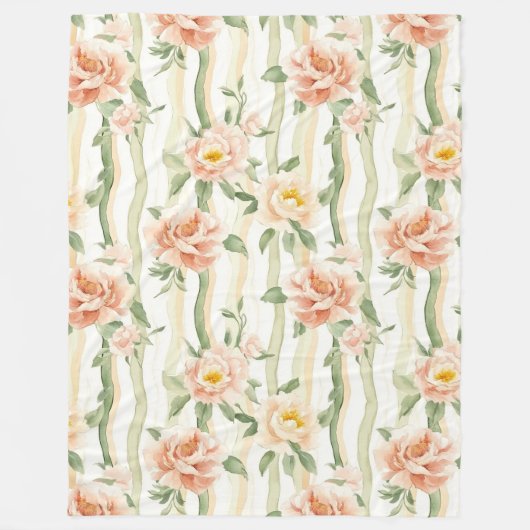 Peach Mint Roses Floral Stripes Birthday Fleecedecke (Vorderseite)