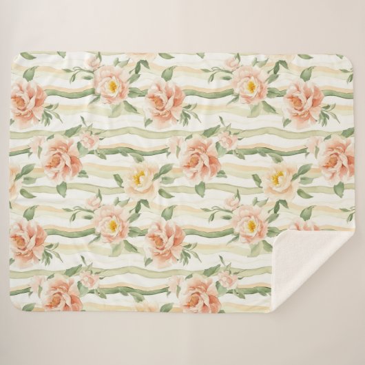Peach Mint Roses Floral Stripes Birthday Sherpadecke (Vorderseite (Horizontal))