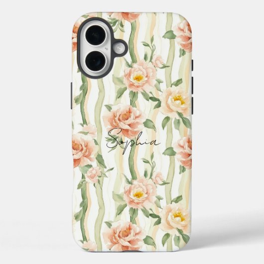 Peach Mint Roses Floral Stripes Case-Mate iPhone Hülle (Rückseite)