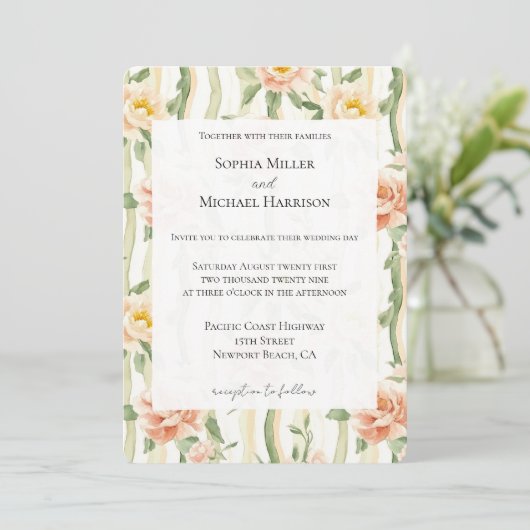 Peach Mint Roses Floral Stripes Wedding Einladung (Stehend Vorderseite)