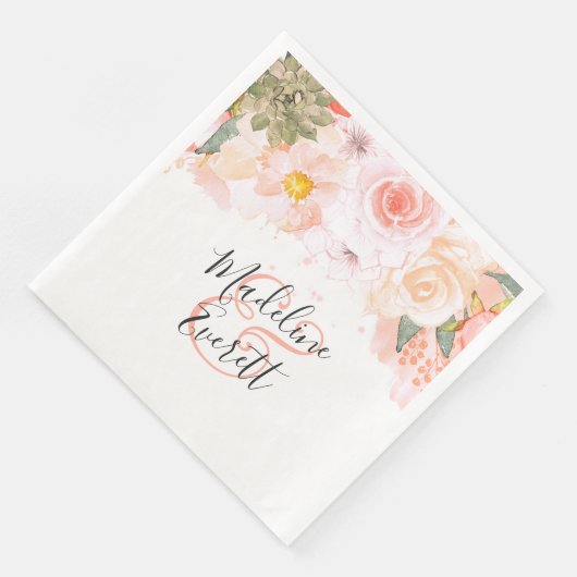 Peach & Mint Succulents Floral Monogram Wedding Serviette (Ecke)
