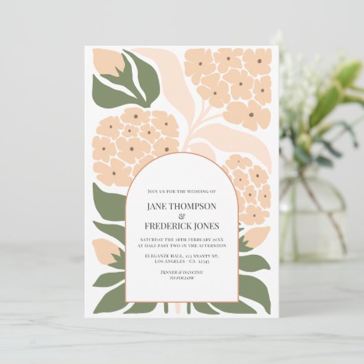 Peach Mist Abstract Floral Modern Spring Wedding Einladung (Stehend Vorderseite)