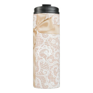 PEACH MIT WHITE LACE BOW RIBBON THERMOSBECHER