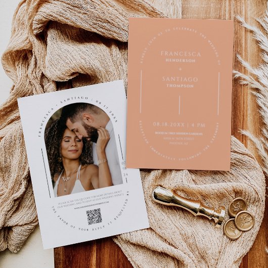 Peach Modern Arch QR Code Wedding Foto Einladung