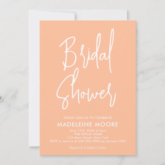Peach Modern Calligraphy Bridal Dusche Einladung (Vorderseite)