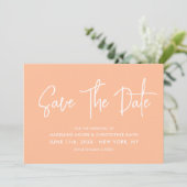 Peach Modern Calligraphy Scannable QR Code Wedding Save The Date (Stehend Vorderseite)