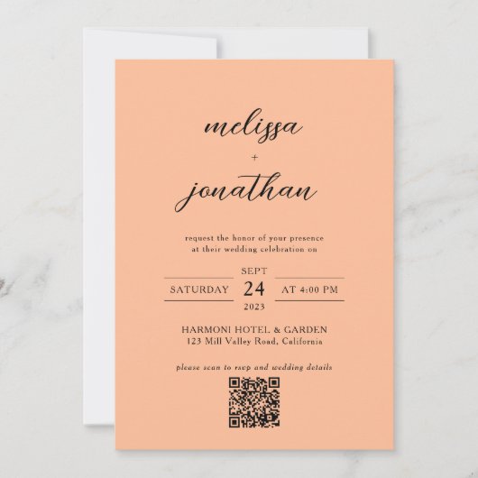 Peach Modern Foto Script Monogram QR code Wedding Einladung (Vorderseite)