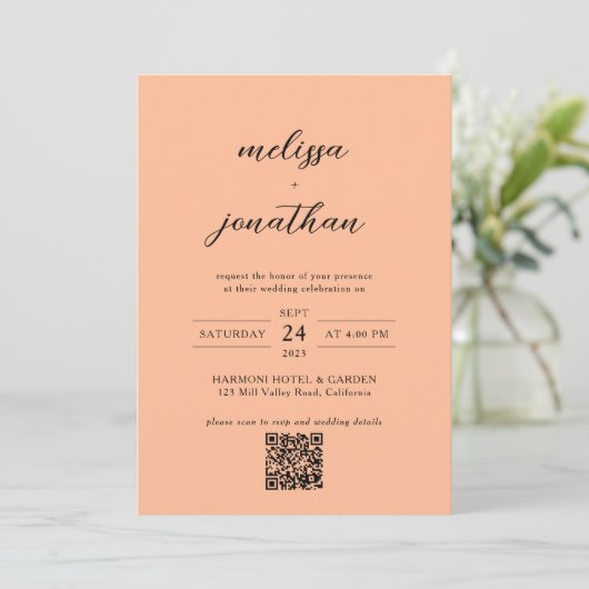 Peach Modern Foto Script Monogram QR code Wedding Einladung (Stehend Vorderseite)