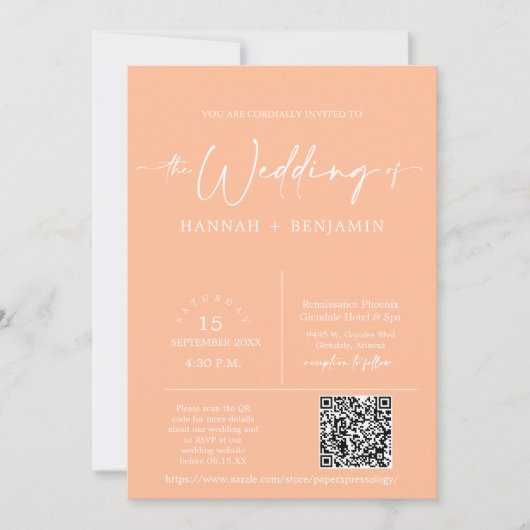 Peach Modern Minimalistisch Wedding Arch QR Code F Einladung (Vorderseite)