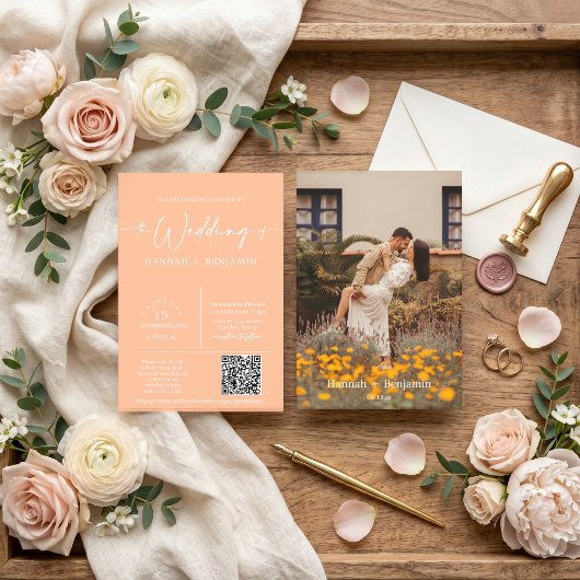 Peach Modern Minimalistisch Wedding Arch QR Code F Einladung